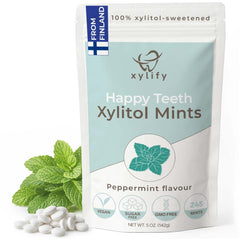 Xylify Happy Teeth mints tin front view for fresh breath and sugar-free oral care.