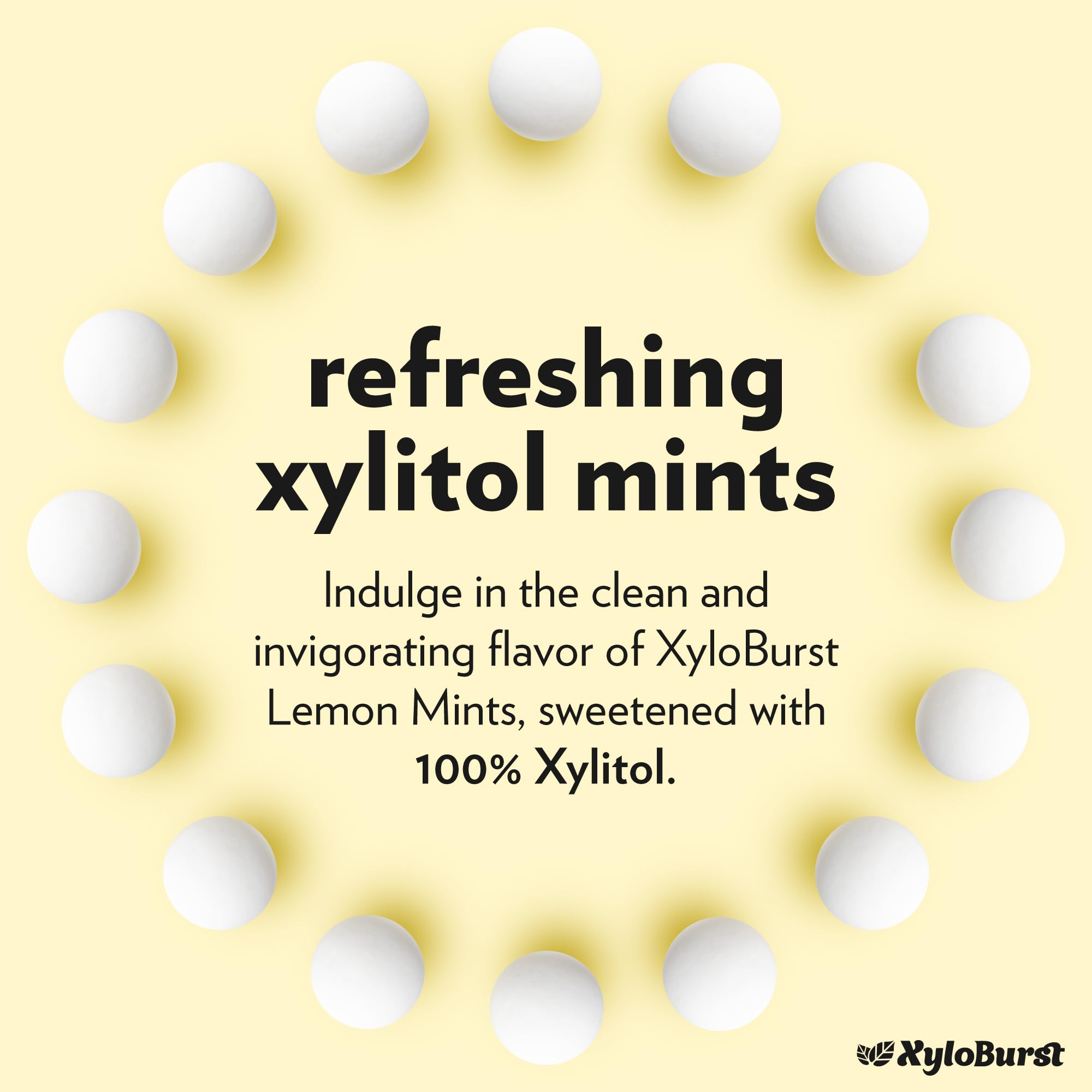 Xyloburst Lemon Mints close-up showing bright, sugar-free bites.