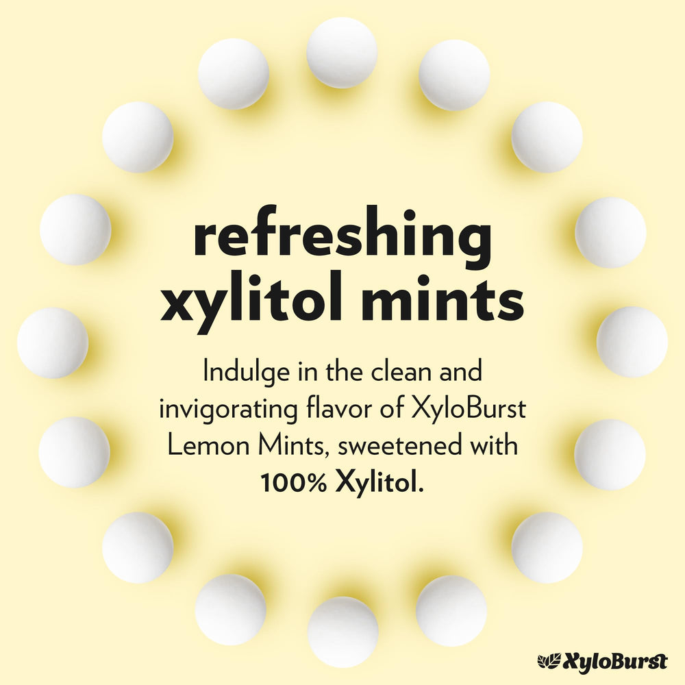 Xyloburst Lemon Mints close-up showing bright, sugar-free bites.
