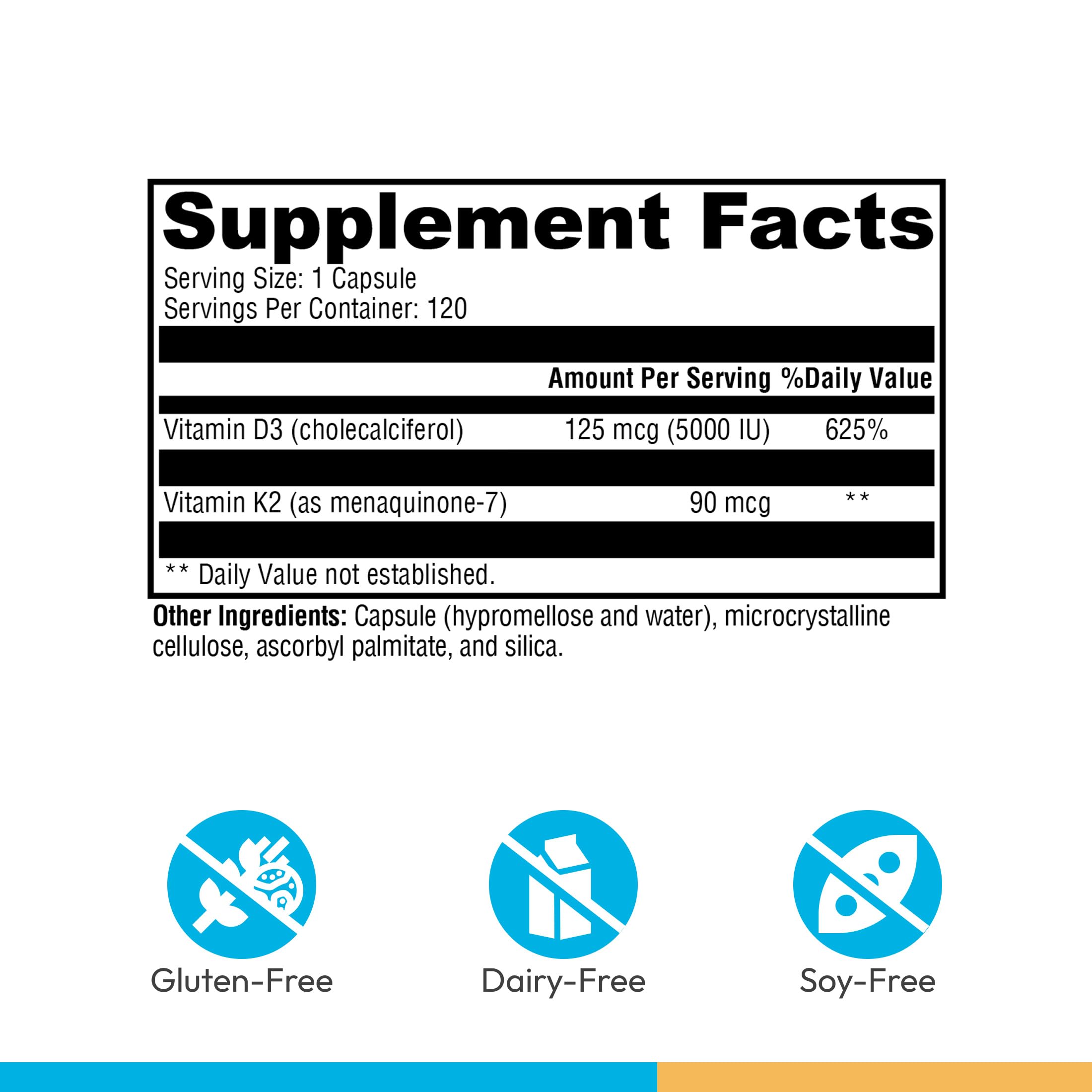 Xymogen K2-D3 5000 bottle back label showing supplement details and dosage guidance