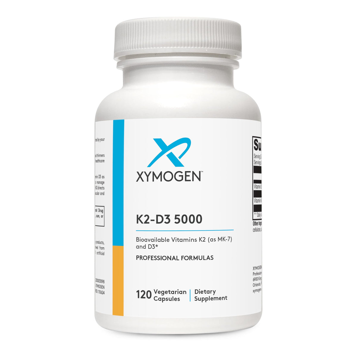 Xymogen K2-D3 5000 bottle front highlighting high strength D3 and MK-7 for wellness