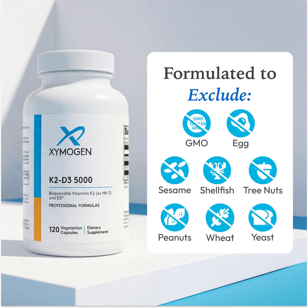 Xymogen K2-D3 5000 packaging box shows product branding and safety notes