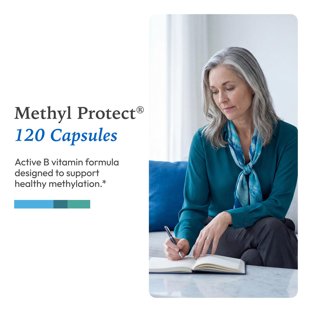 XYMOGEN Methyl Protect bottle with glass conveys sophisticated daily wellness routine.