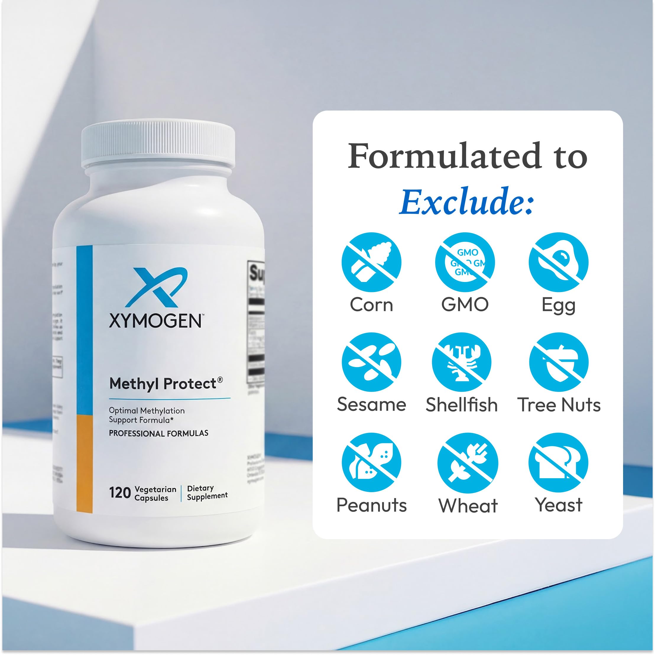 XYMOGEN Methyl Protect ingredient panel highlights activated folate and B vitamins.