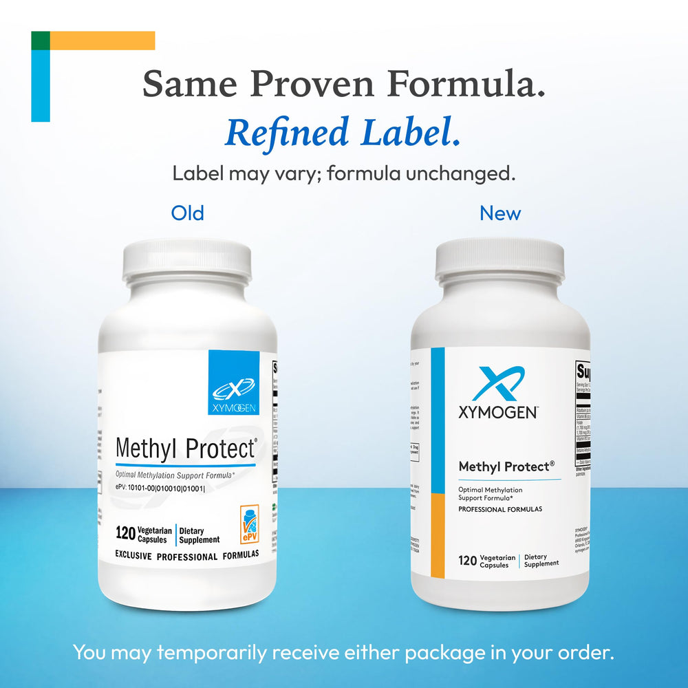 XYMOGEN Methyl Protect label closeup emphasizes allergen-free, GMO-free formulation.