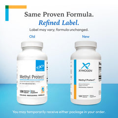 XYMOGEN Methyl Protect label closeup emphasizes allergen-free, GMO-free formulation.