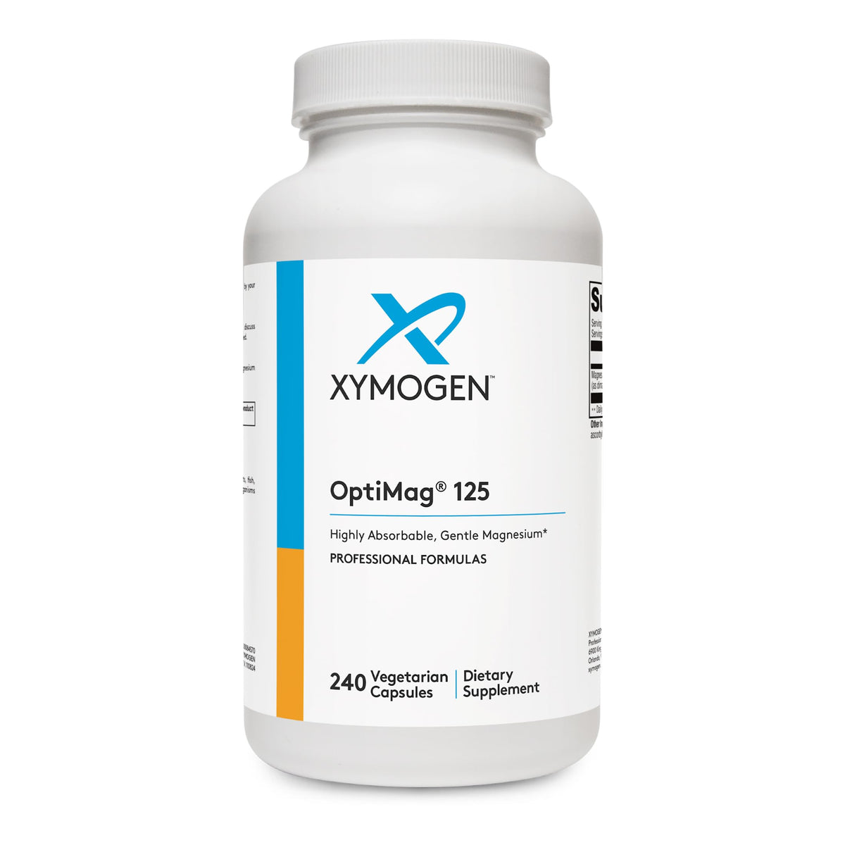 XYMOGEN OptiMag 125 bottle front highlighting gentle daily magnesium
