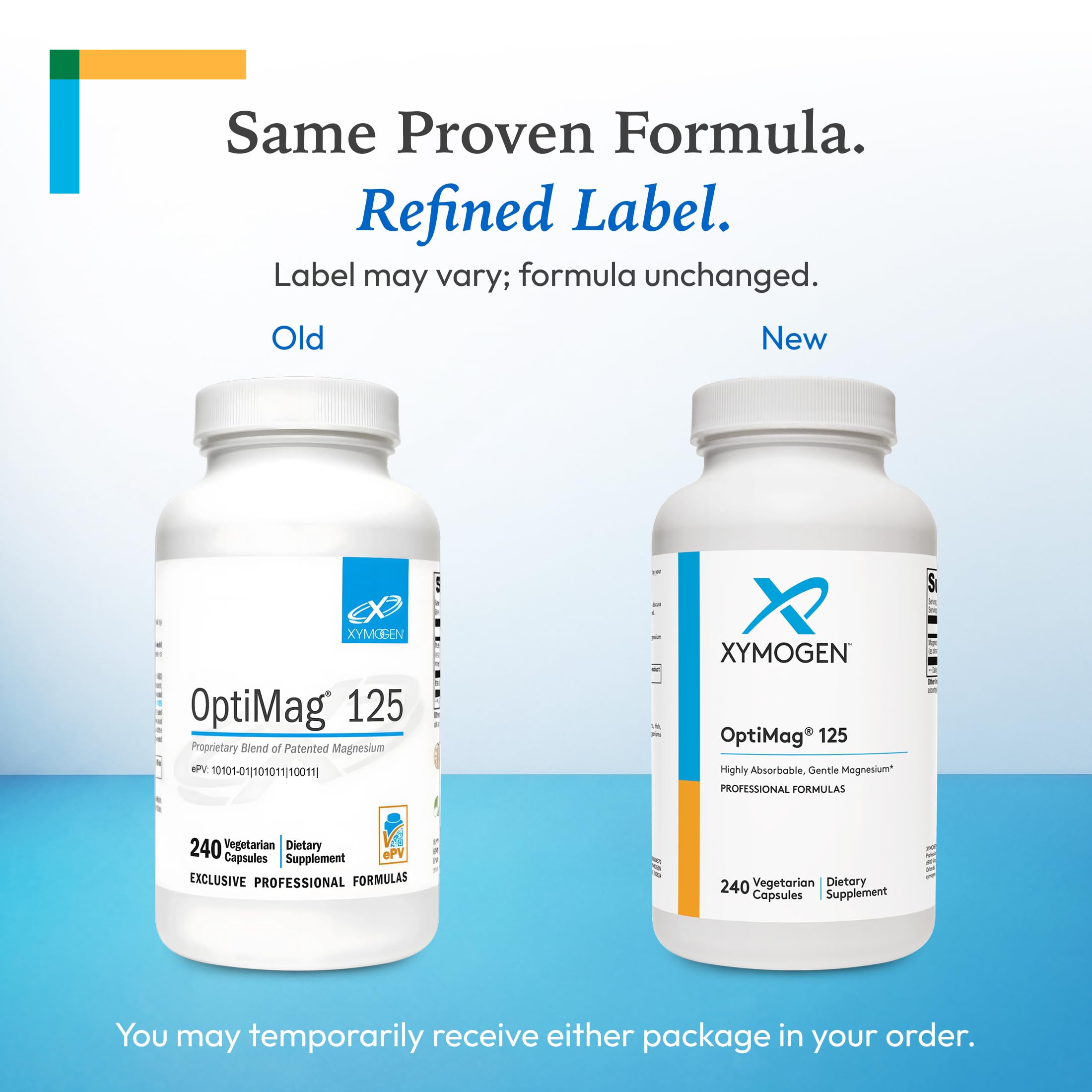 XYMOGEN OptiMag 125 label detail emphasizing gluten- and allergen-conscious purity