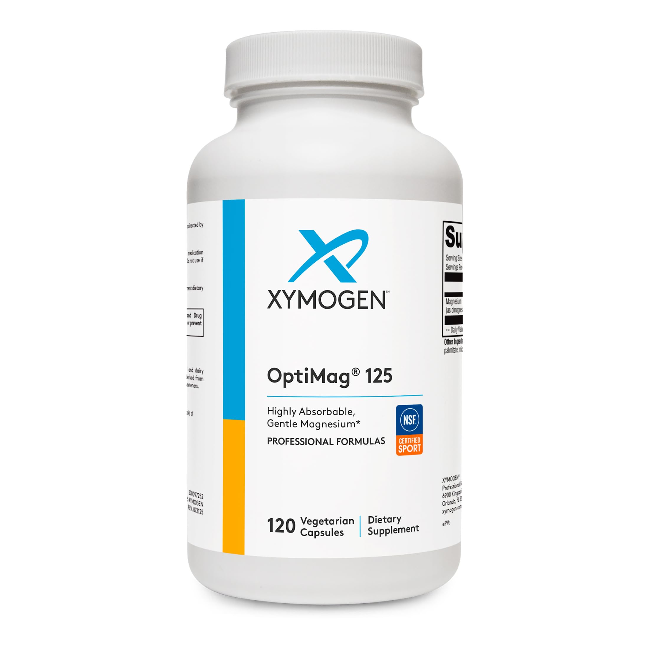XYMOGEN OptiMag 125 bottle on countertop supporting daily magnesium intake.