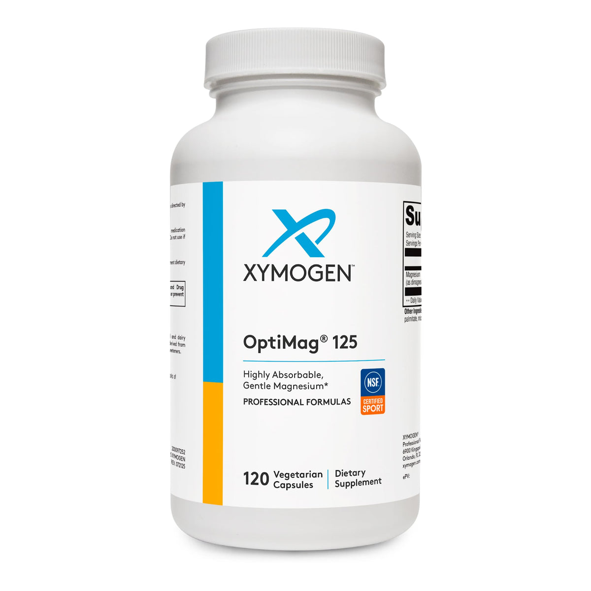 XYMOGEN OptiMag 125 bottle on countertop supporting daily magnesium intake.
