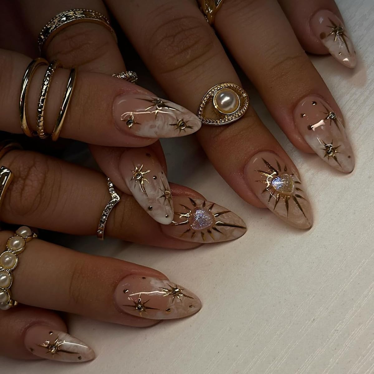 XZMeiLun 3D Boho Stars almond nails for chic day-to-night style