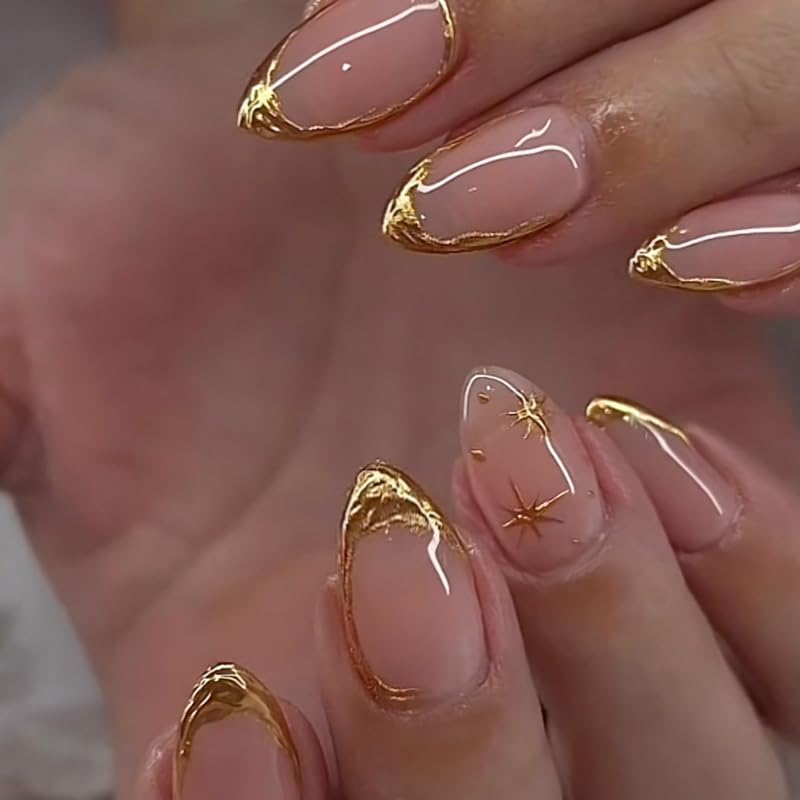 XZMeiLun short almond nails with French tip and 3D gold line for chic style