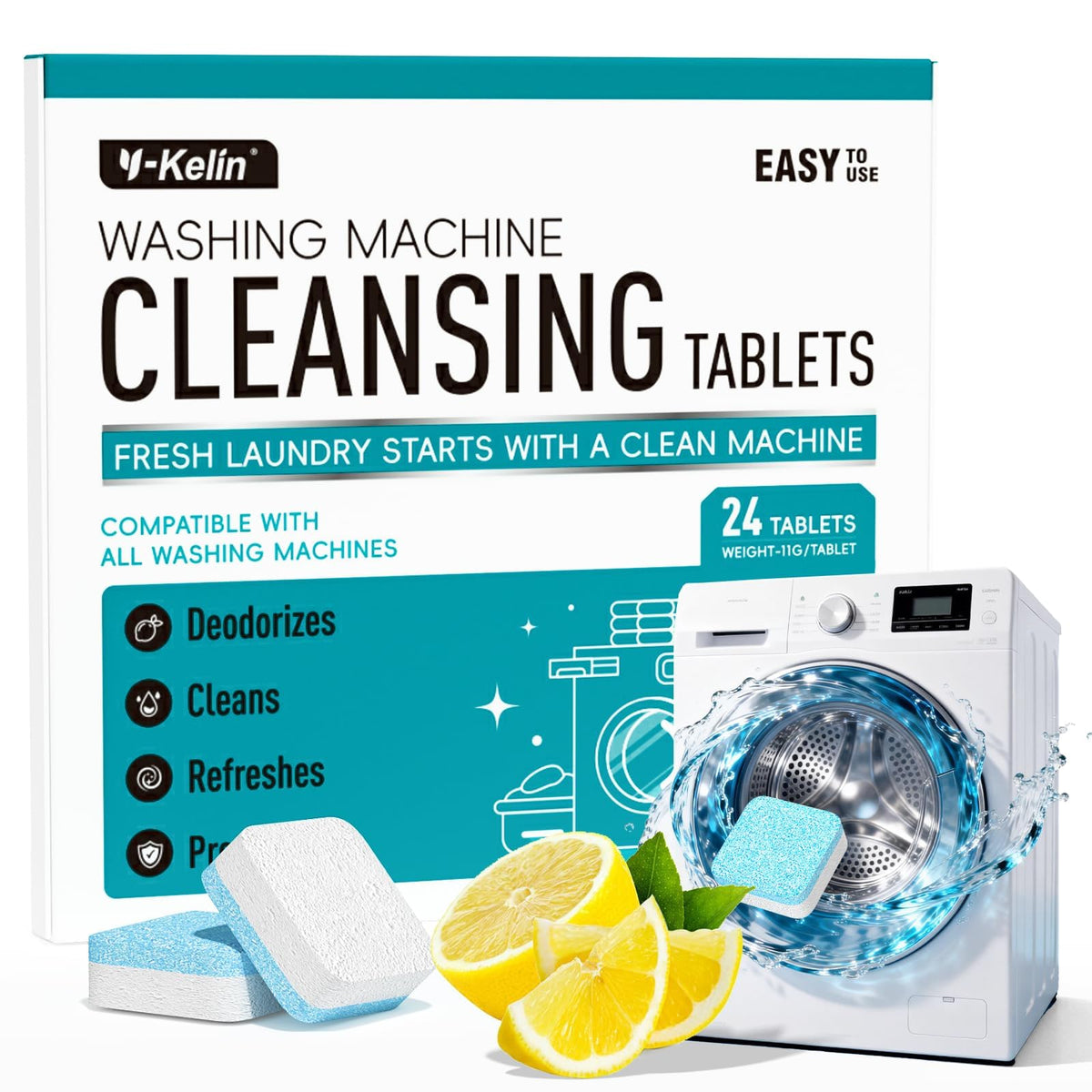 Y-Kelin washing machine cleaner tablets pack, front view, helps remove residue and odors.