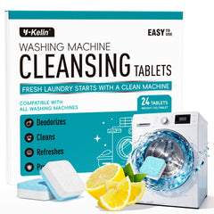 Y-Kelin washing machine cleaner tablets pack, front view, helps remove residue and odors.