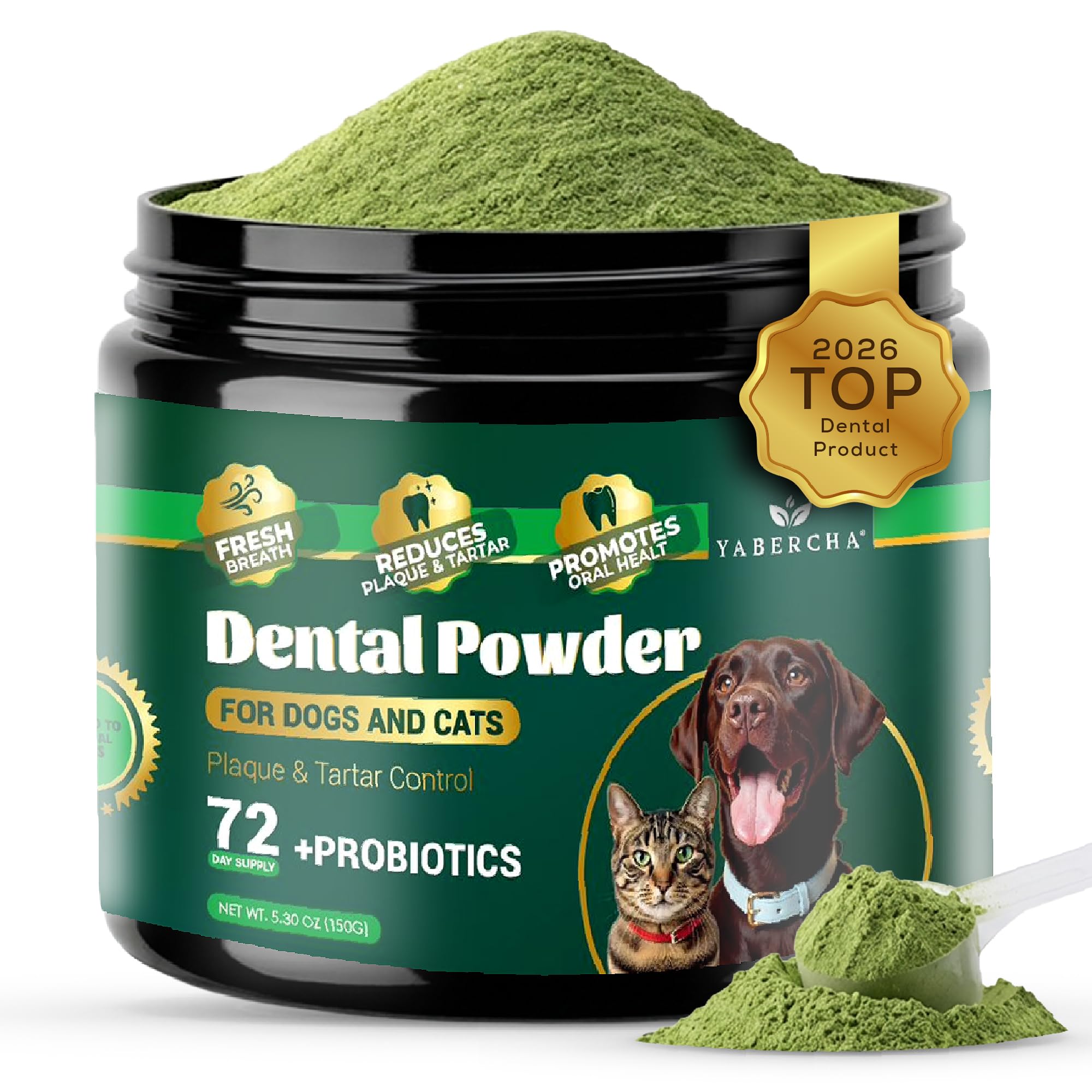 Yabercha probiotic dog dental powder bottle for simple daily oral care