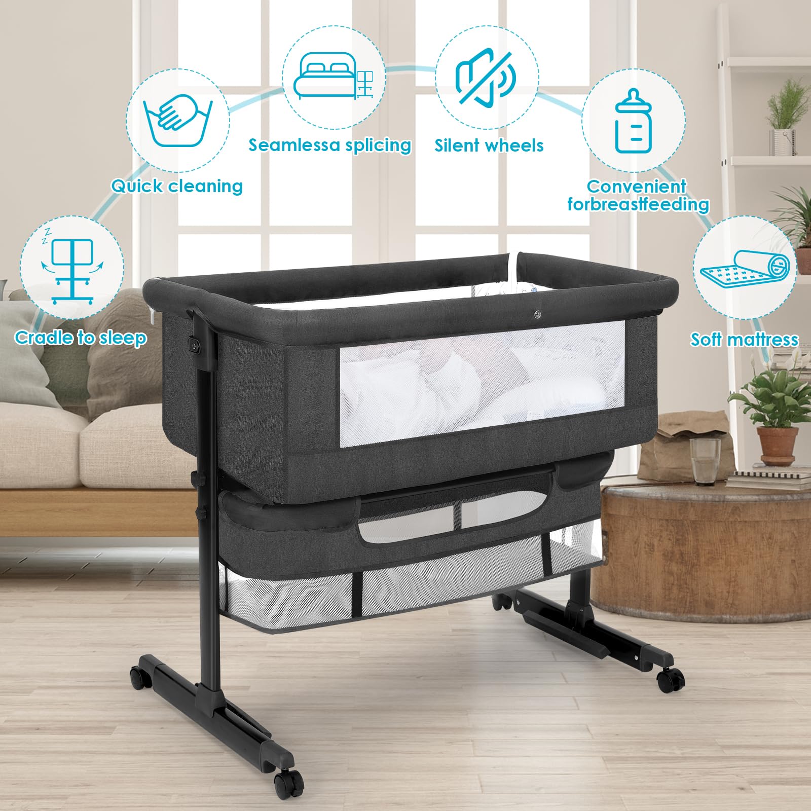 YADAQE 3-in-1 convertible bassinet adapts as baby grows.