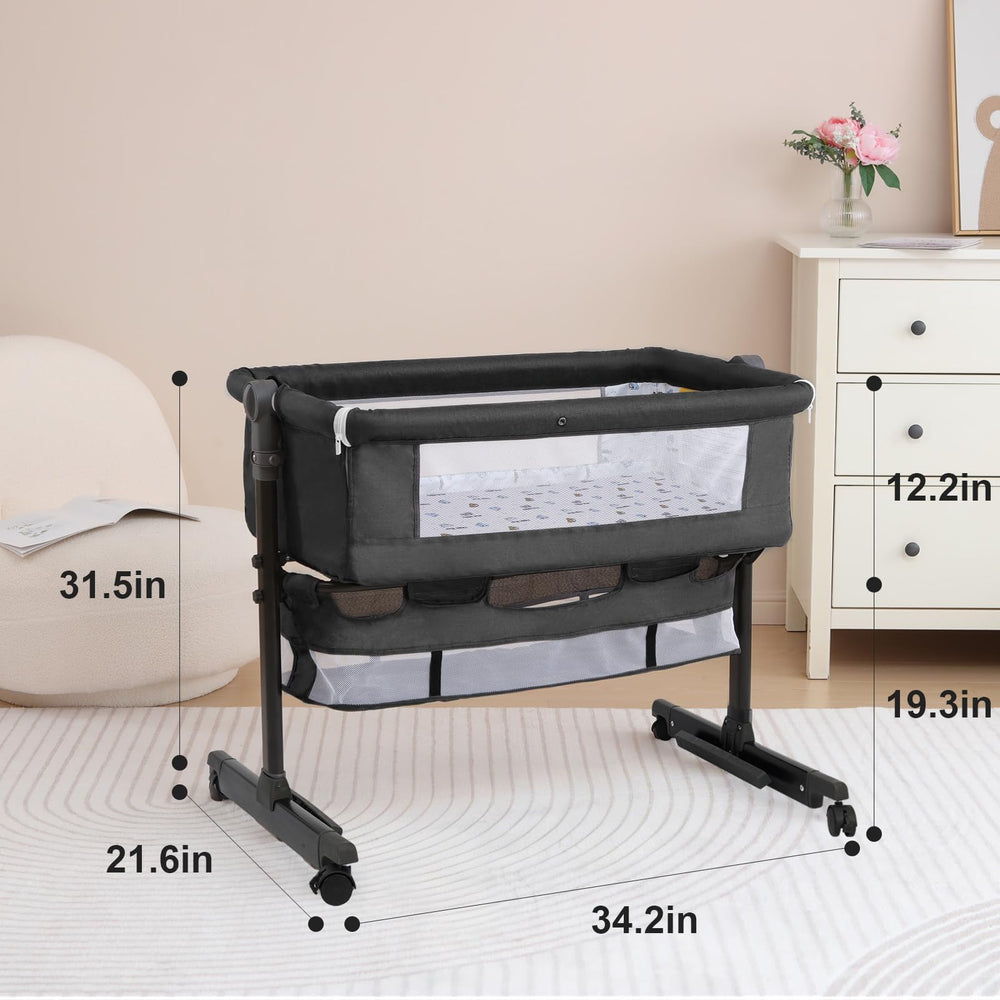YADAQE Adjustable height cradle aligns with an adult bed for seamless night-time nursing.