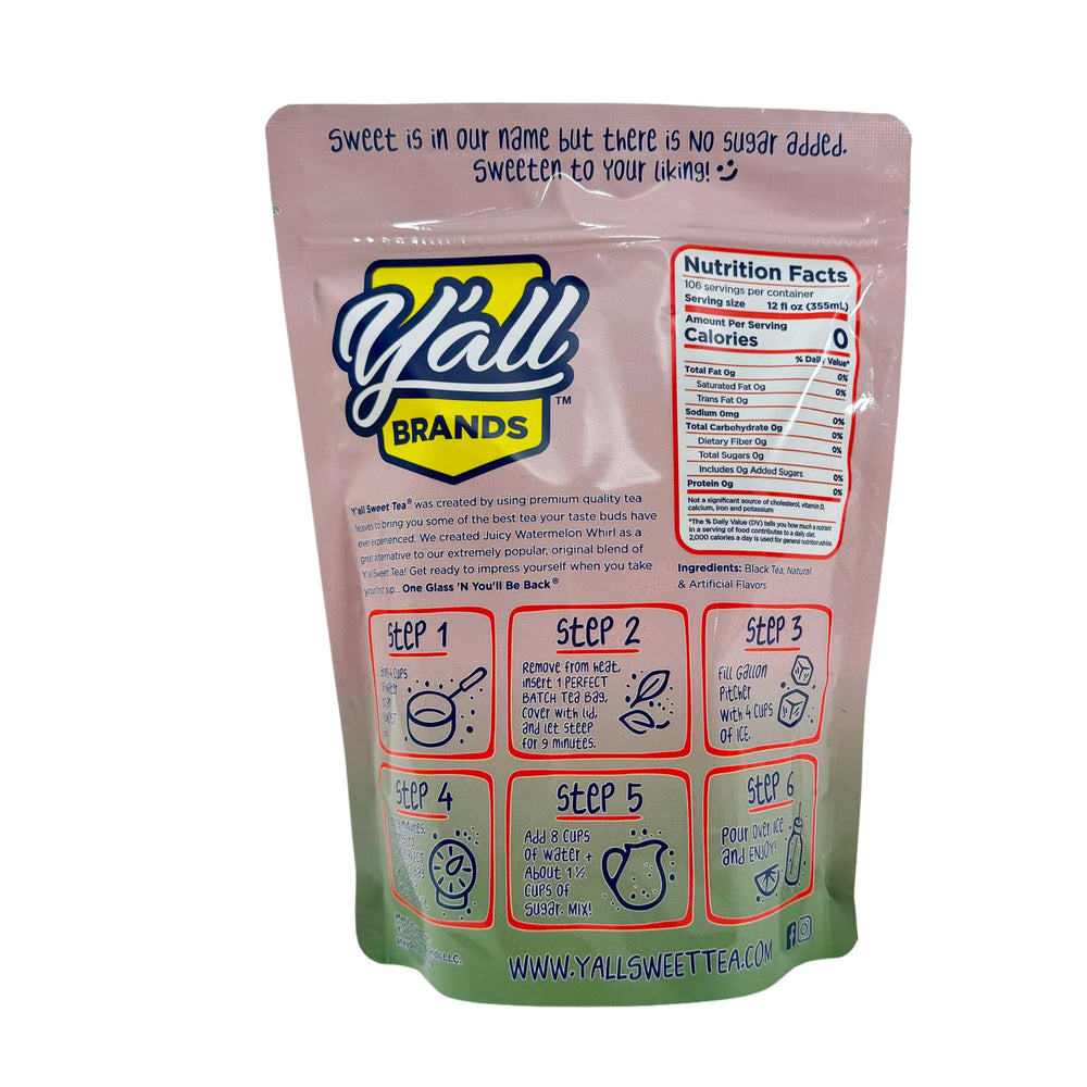 Y'all Sweet Tea Watermelon whirl brew in glass, refreshing and family-friendly.