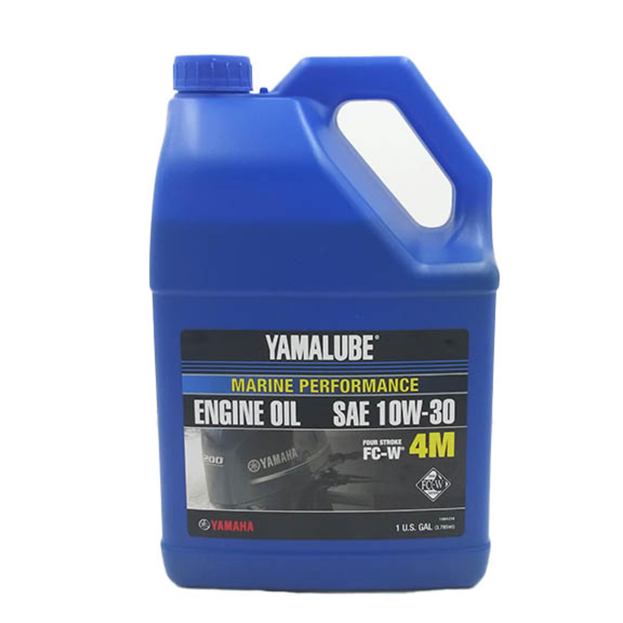 Yamaha Yamalube 4M 10W30 gallon bottle shown, high shear stability for dependable outboard lubrication.