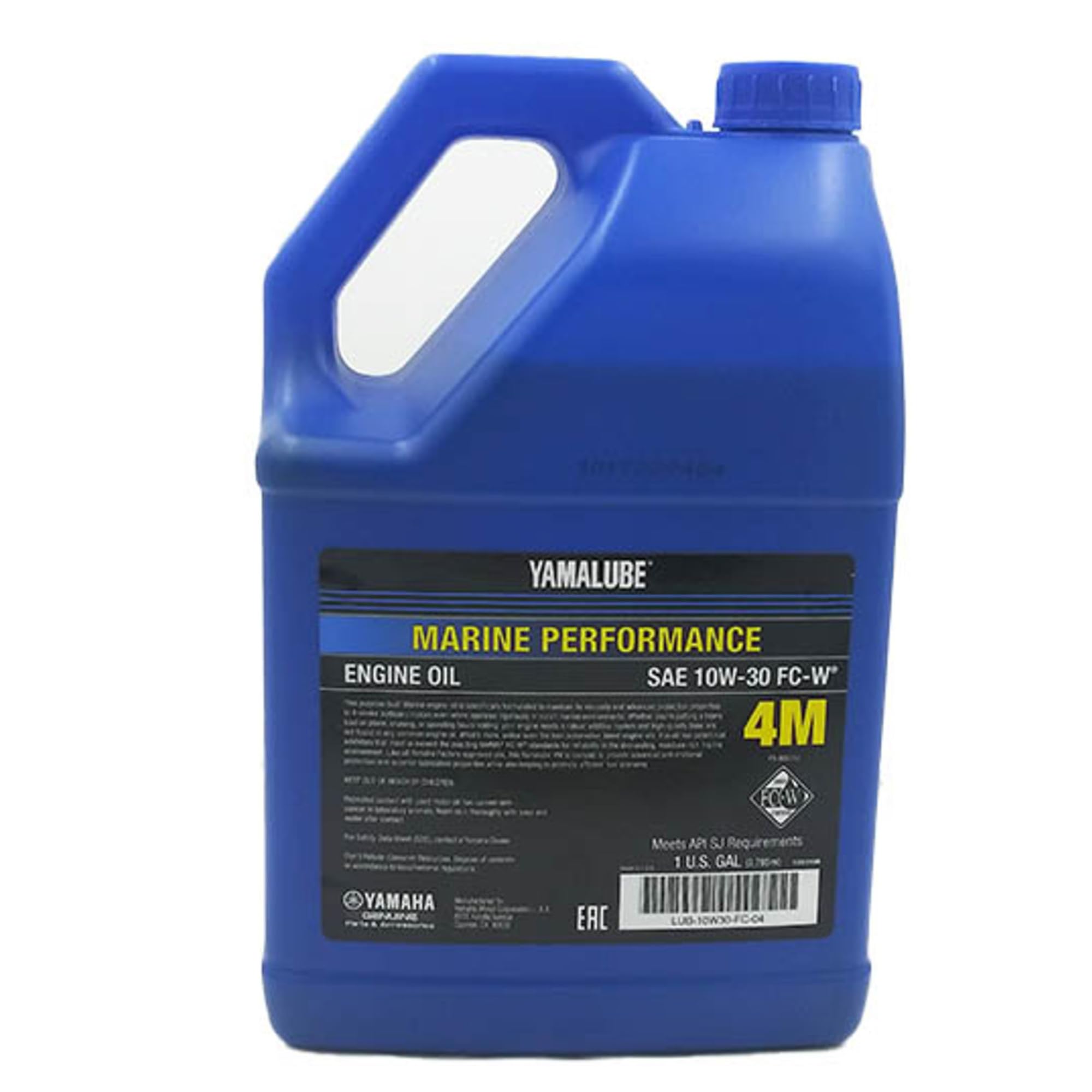 Yamalube 4M 10W30 outboard oil label close-up highlighting corrosion and wear protection.