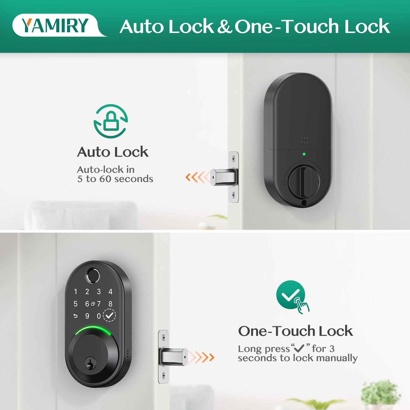 Yamiry keypad entry shows multiple unlock options and interior rotatable knob.