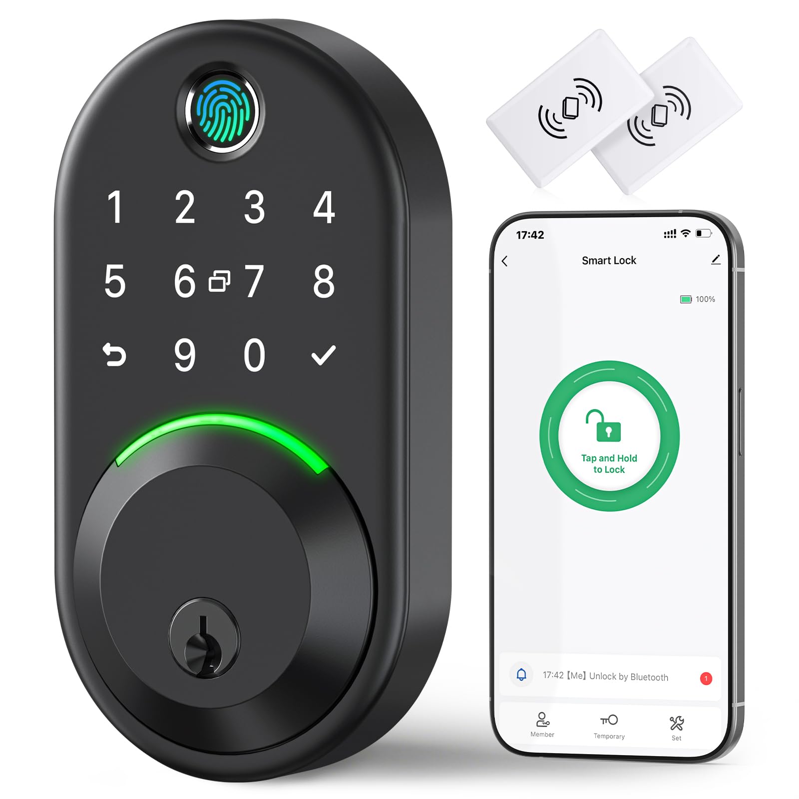 Yamiry Smart Deadbolt front-door shows the fingerprint sensor for quick, secure access.