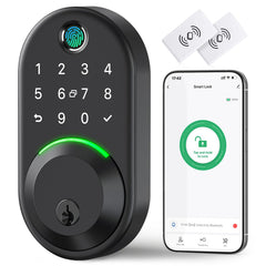 Yamiry Smart Deadbolt front-door shows the fingerprint sensor for quick, secure access.