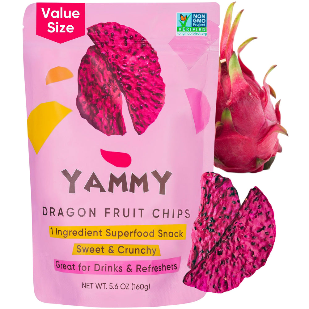 Yammy Dried Dragon Fruit Chips in a resealable bag for on-the-go snacking.