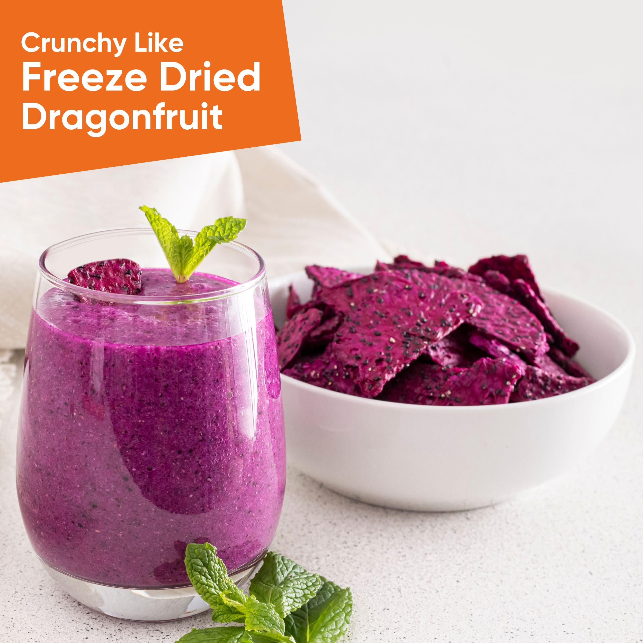 Open bag of Yammy Dragon Fruit Chips reveals 1-ingredient fruit pieces.
