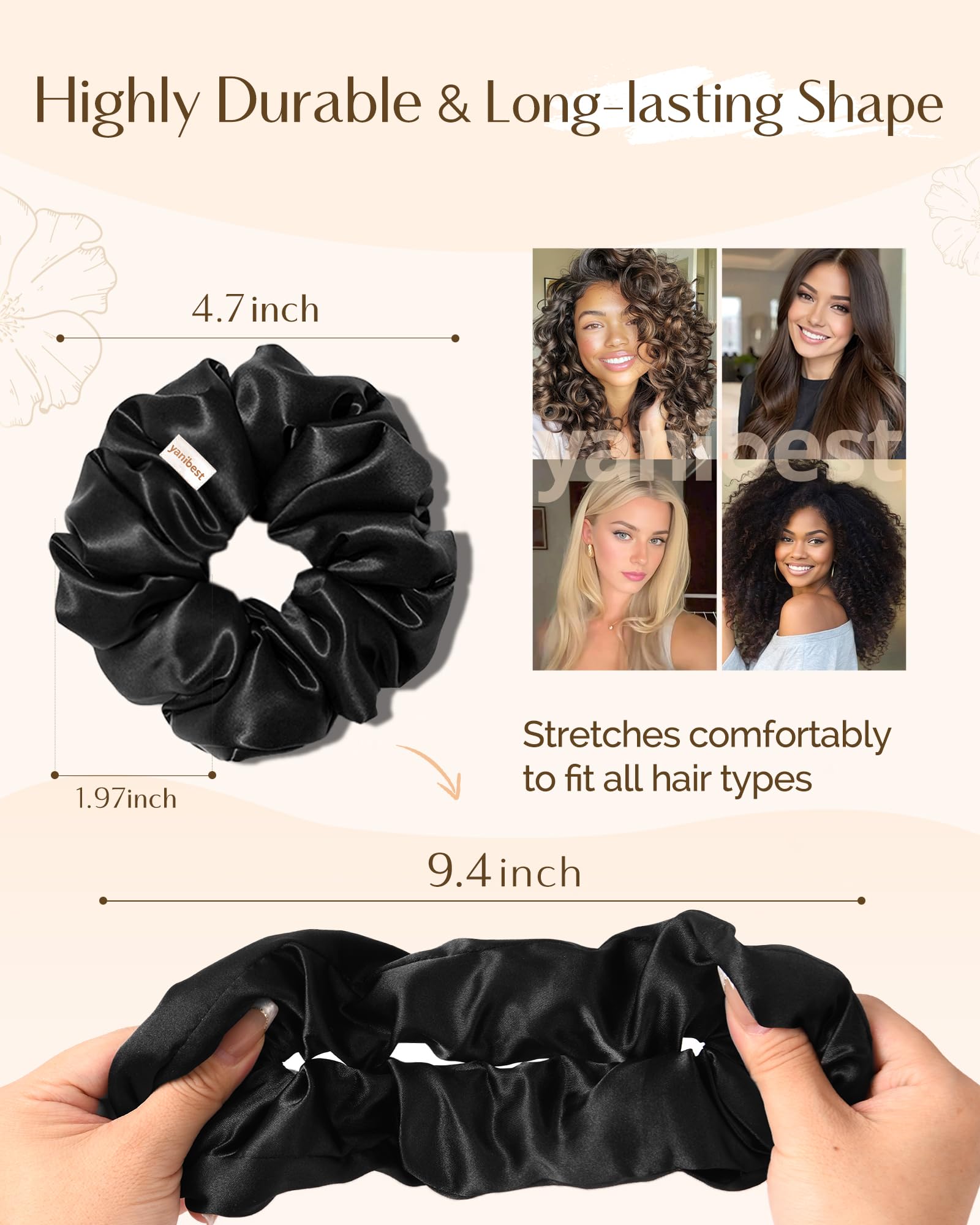 Yanibest satin scrunchies close-up shows soft butter satin protecting hair
