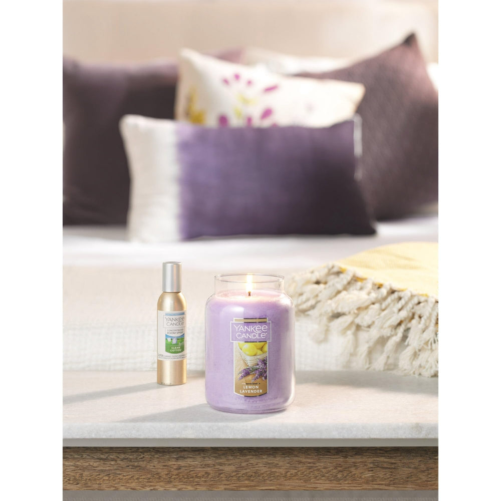 Yankee Candle Clean Cotton spray use demonstrated for easy fragrance.
