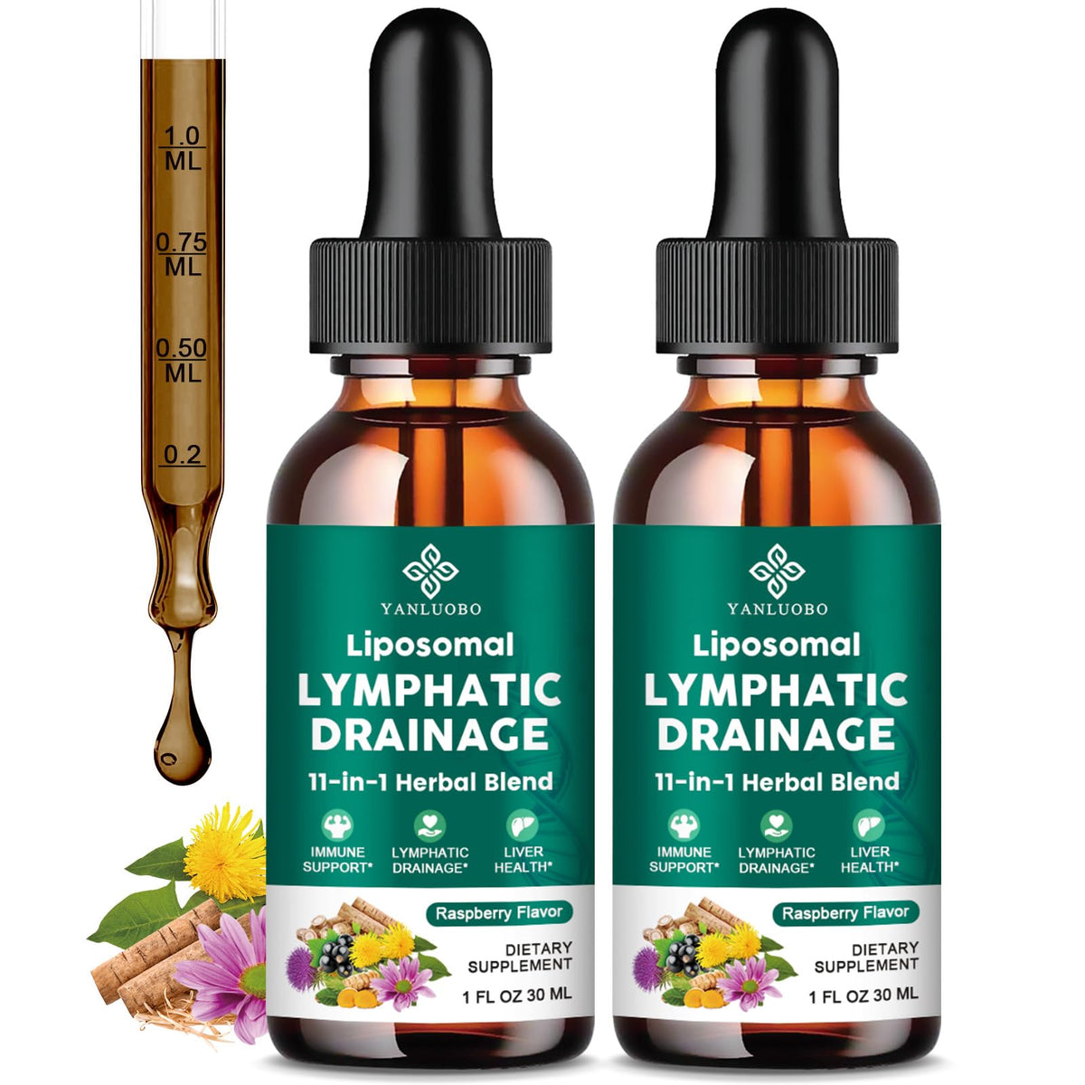 YANLUOBO raspberry bottle with 11-herb blend for lymph support
