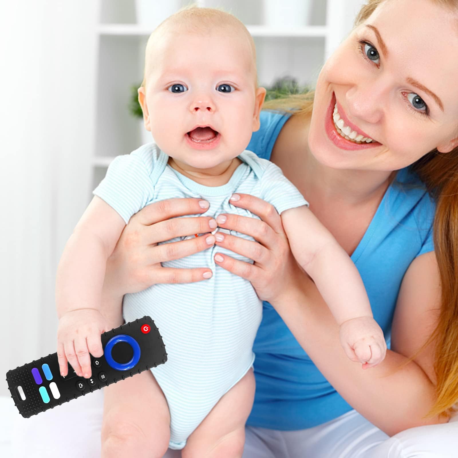 YAPPROMO remote teether shows textured back for gum massage.