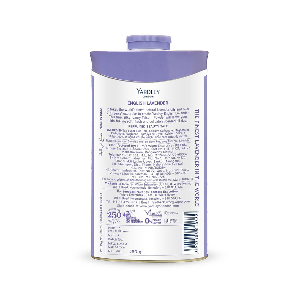 Yardley English Lavender talc application gesture on skin after a bath.