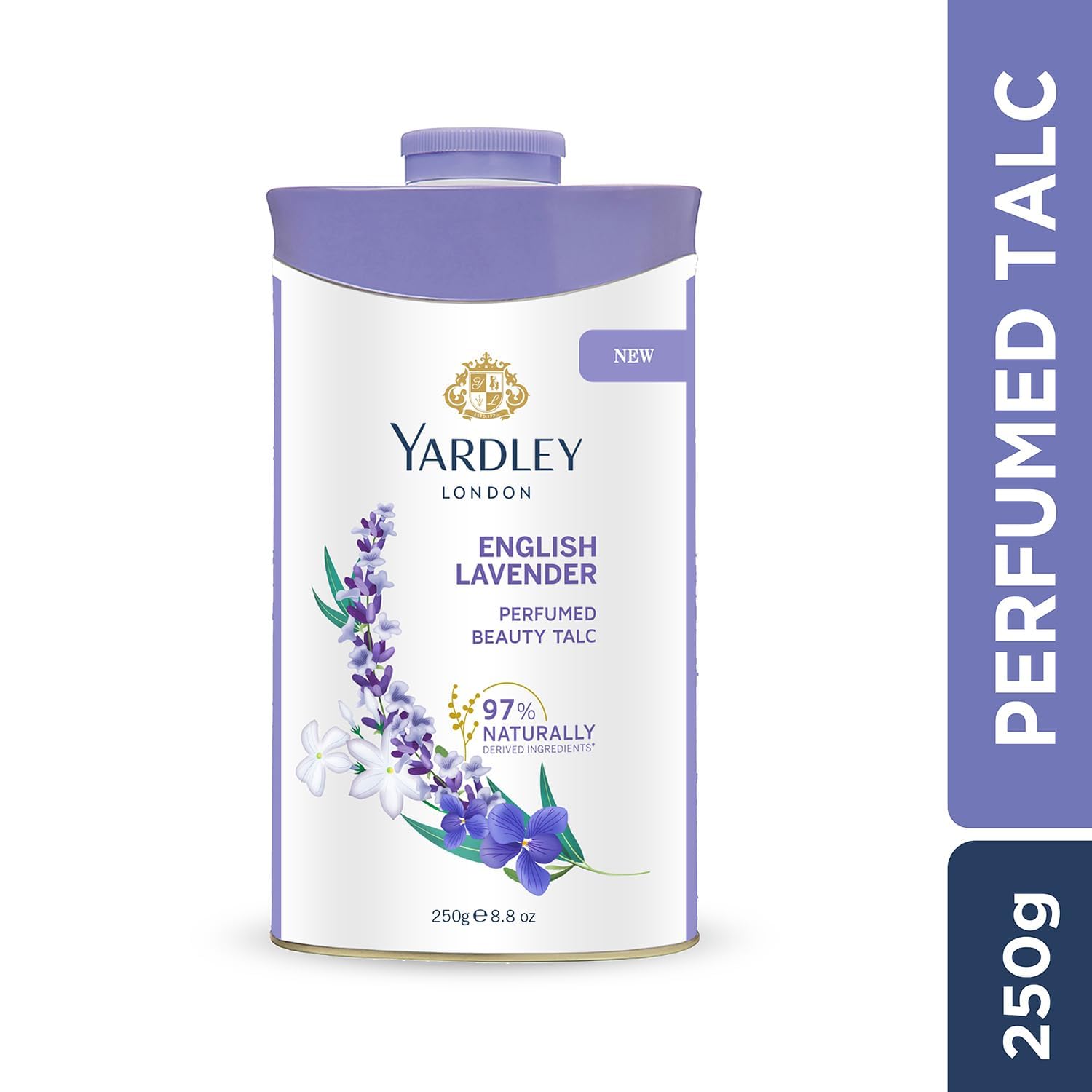 Close-up of Yardley English Lavender blooms with talc hints emphasizing soothing aroma.