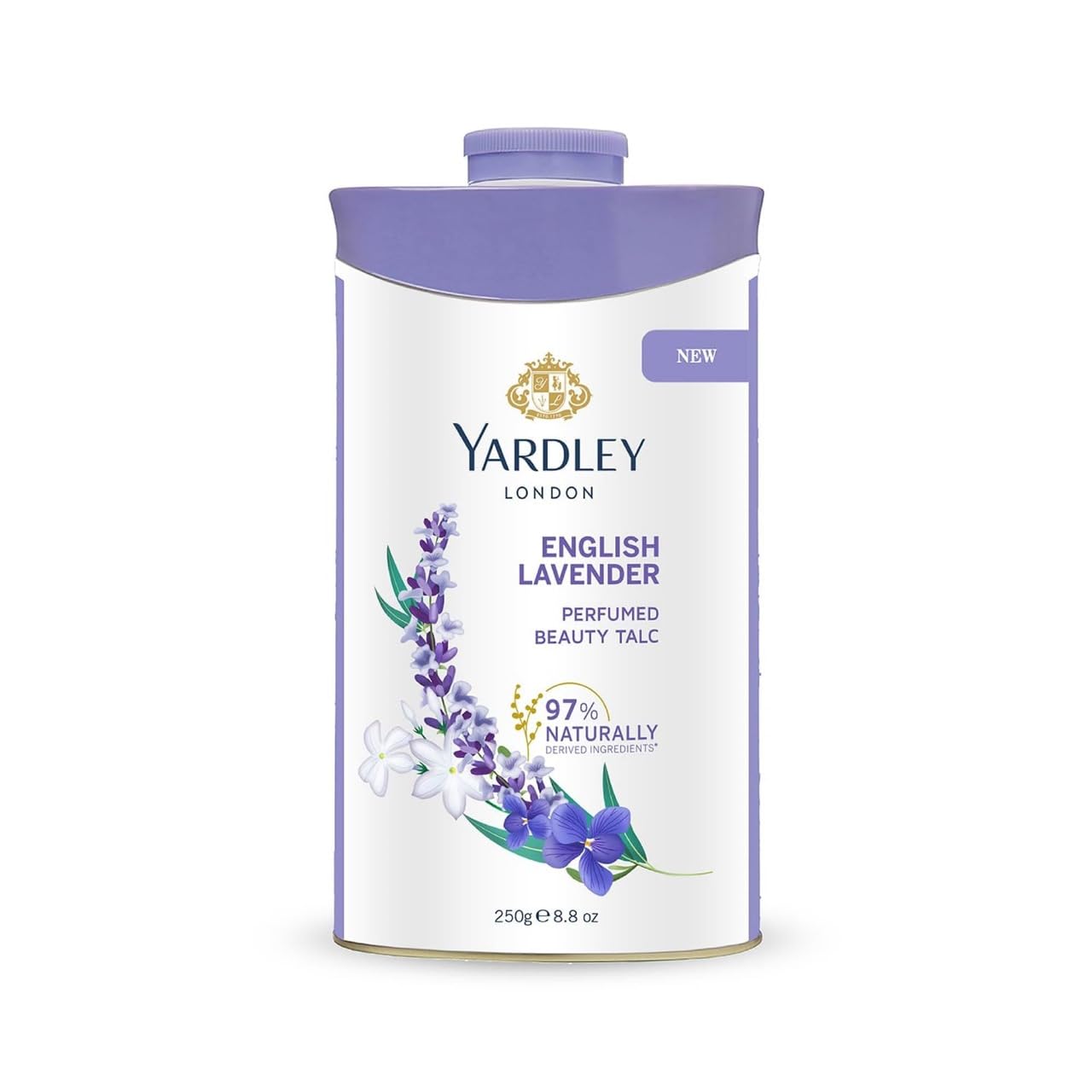 Yardley English Lavender talc packaging showcasing classic design for premium home use.