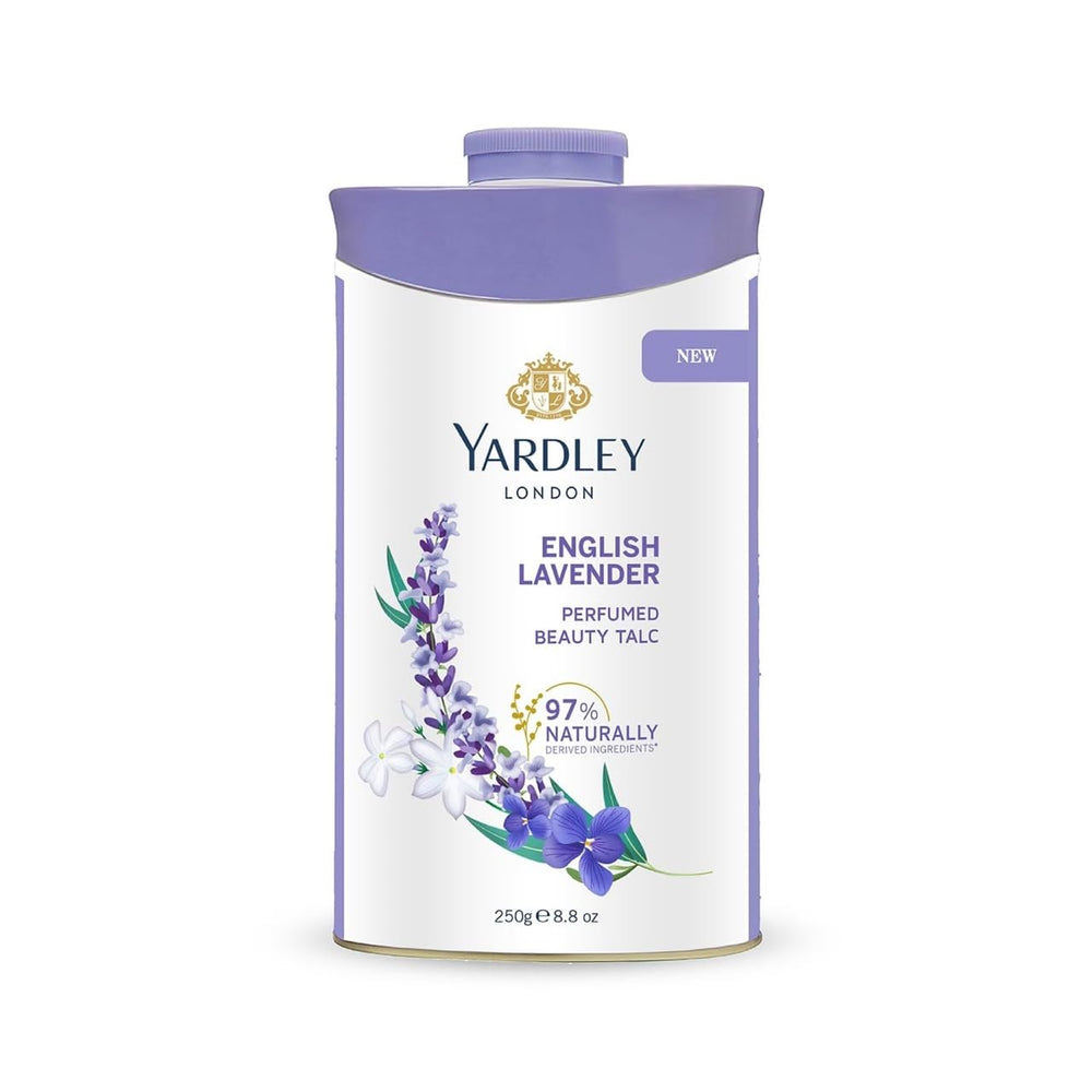 Yardley English Lavender talc packaging showcasing classic design for premium home use.