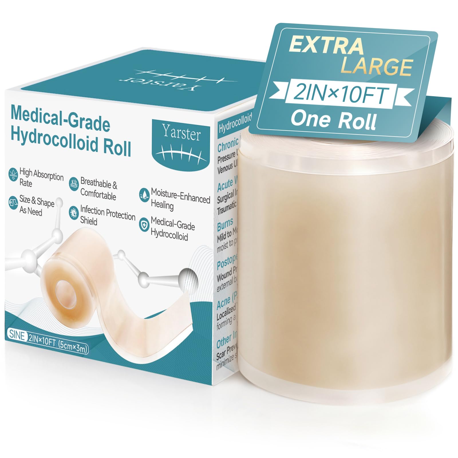 Yarster hydrocolloid roll closeup shows skin-friendly, latex-free design.