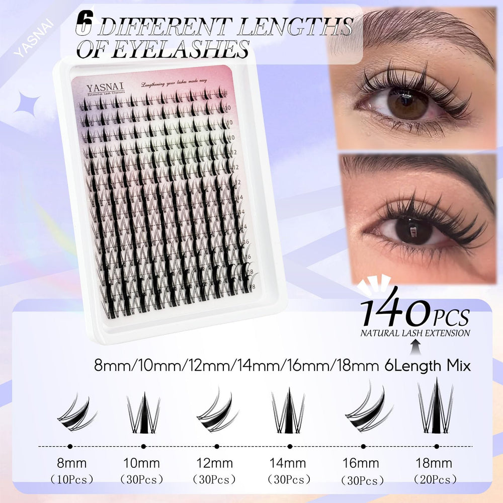 YASNAI Cluster Eyelash Extensions C-curvature show gentle curl and comfortable wear.