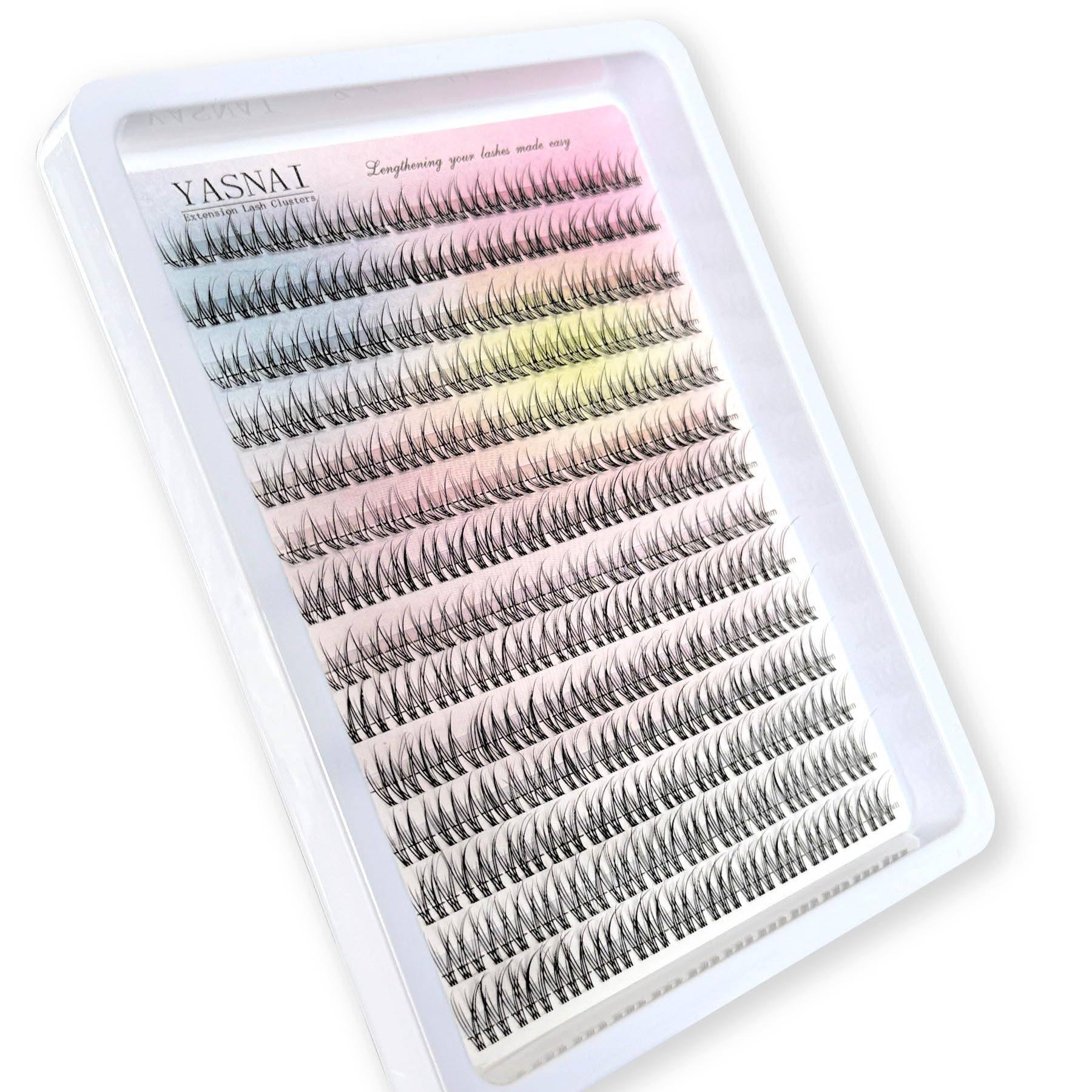 YASNAI lash clusters 12mm-36pieces long length for dramatic effect while maintaining comfort.