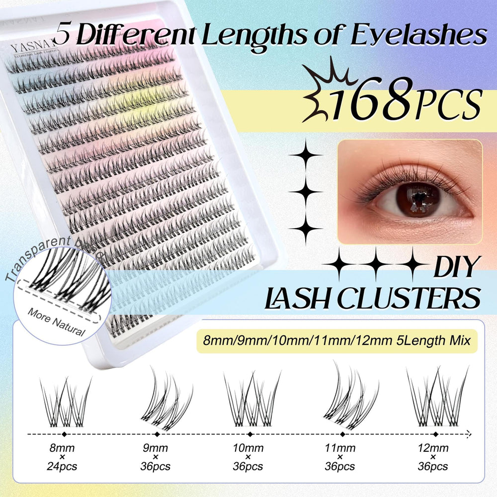 YASNAI lash clusters clear band kit enables comfortable DIY lash application at home.