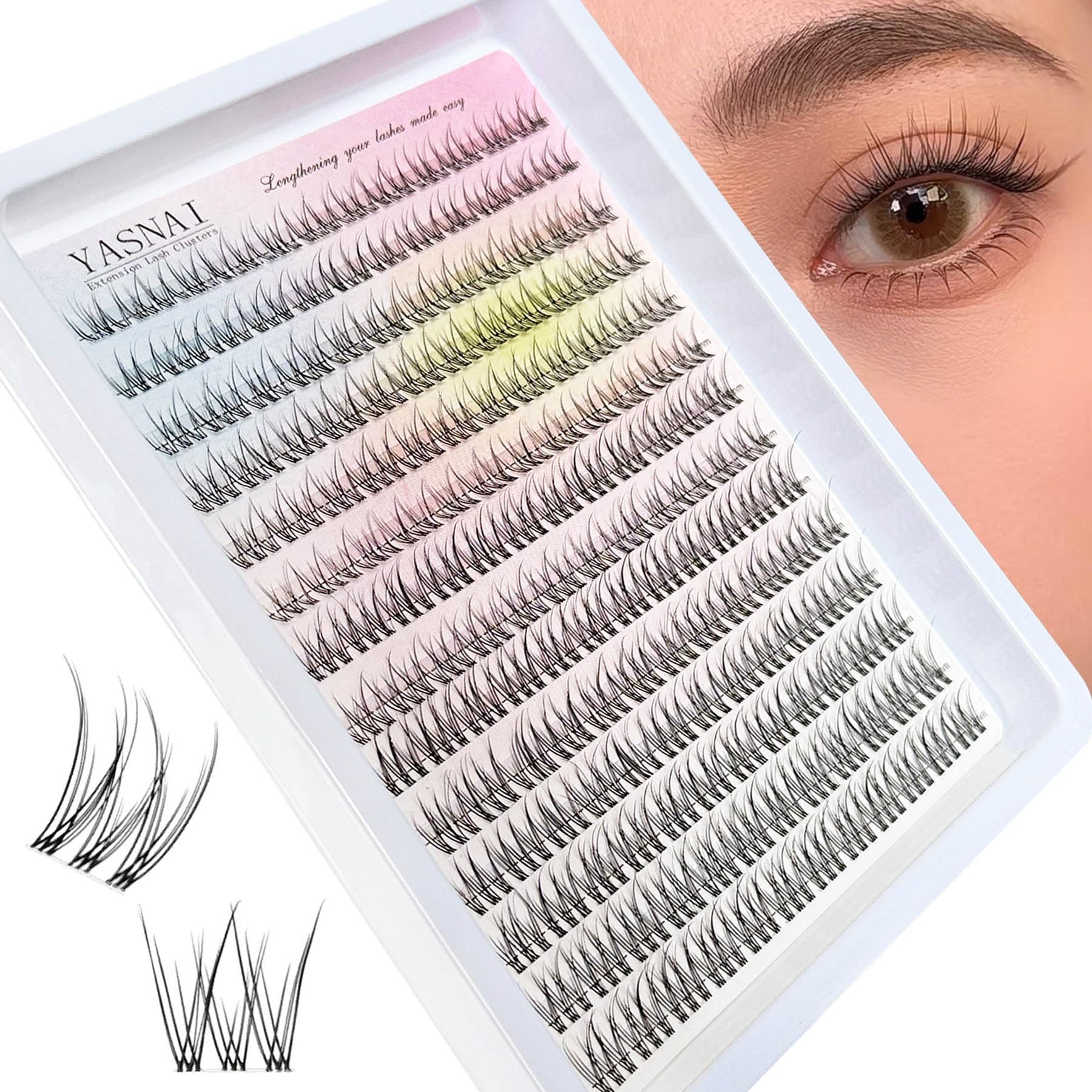 YASNAI lash clusters natural look with wispy C-curvature for subtle daily enhancement.
