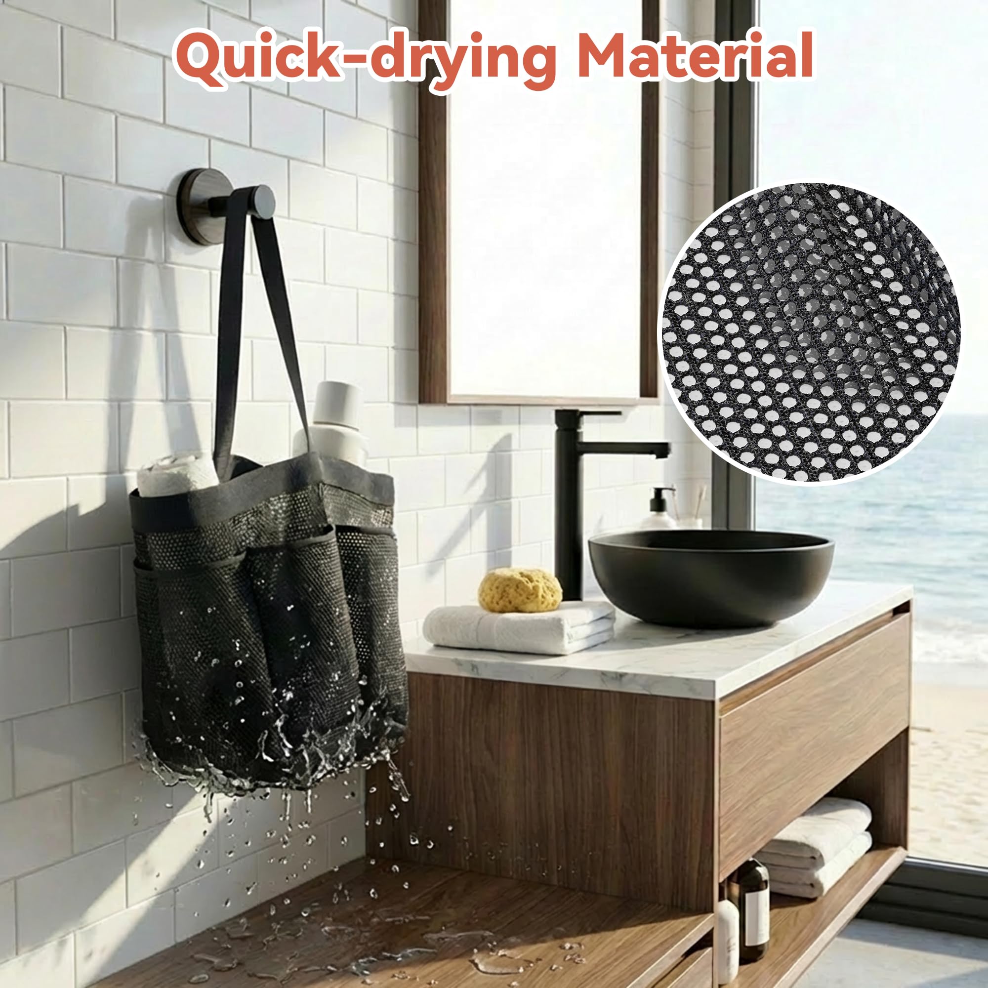 Dorm bathroom organizer showing deep main pocket for towels