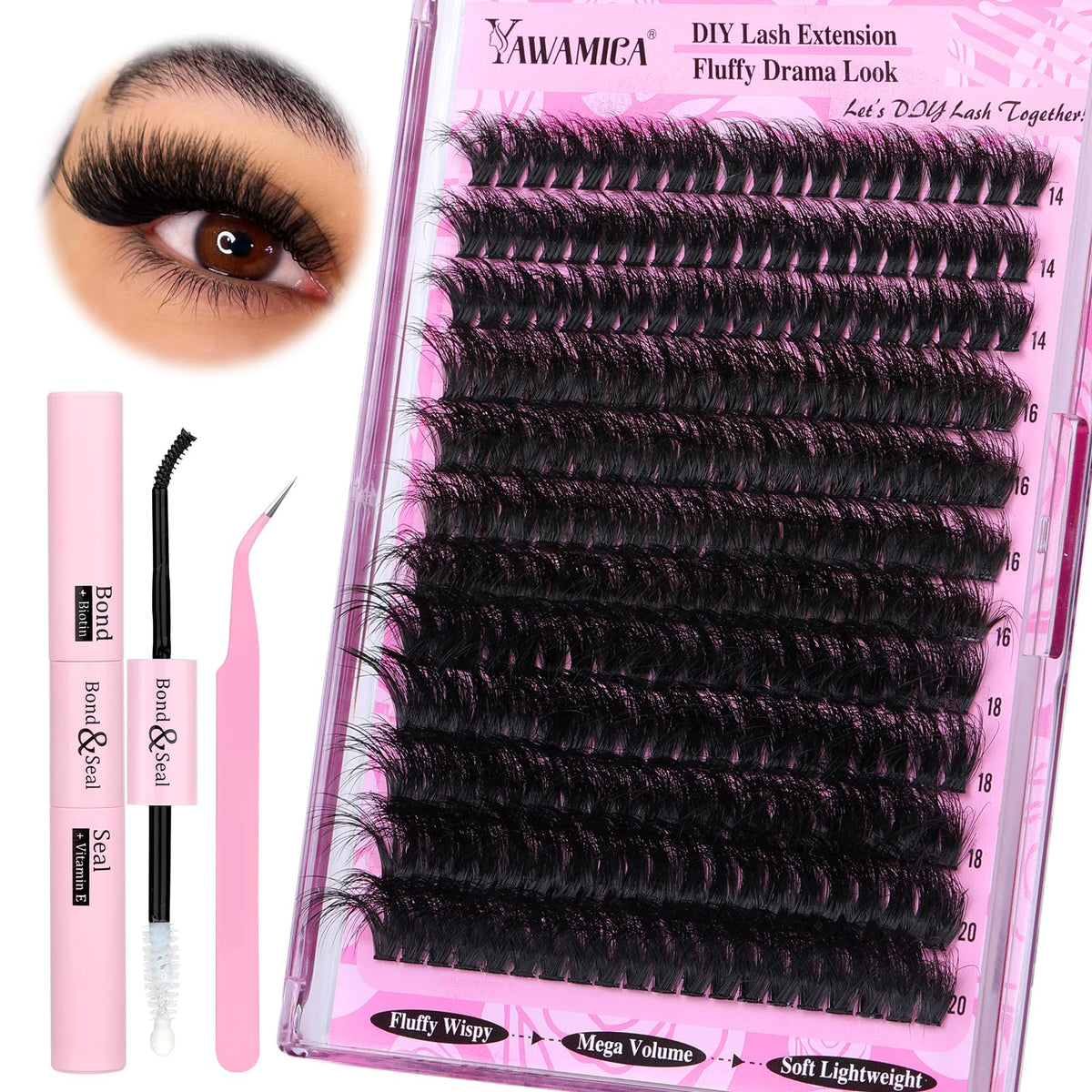 Yawamica fluffier lash extension kit contents for a complete at-home DIY lash session.