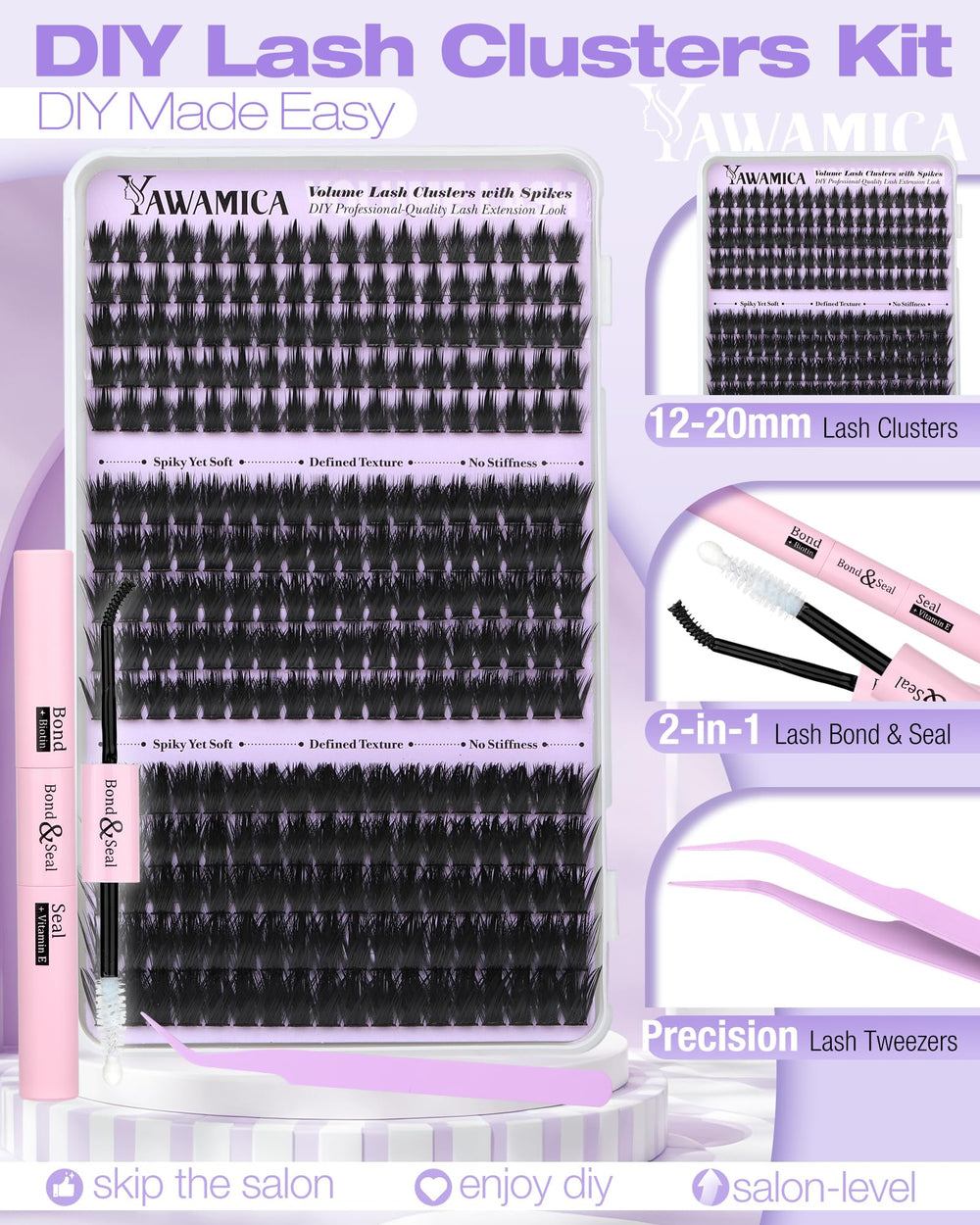 Yawamica lash tweezer included for precise, clean application in DIY lash sessions.