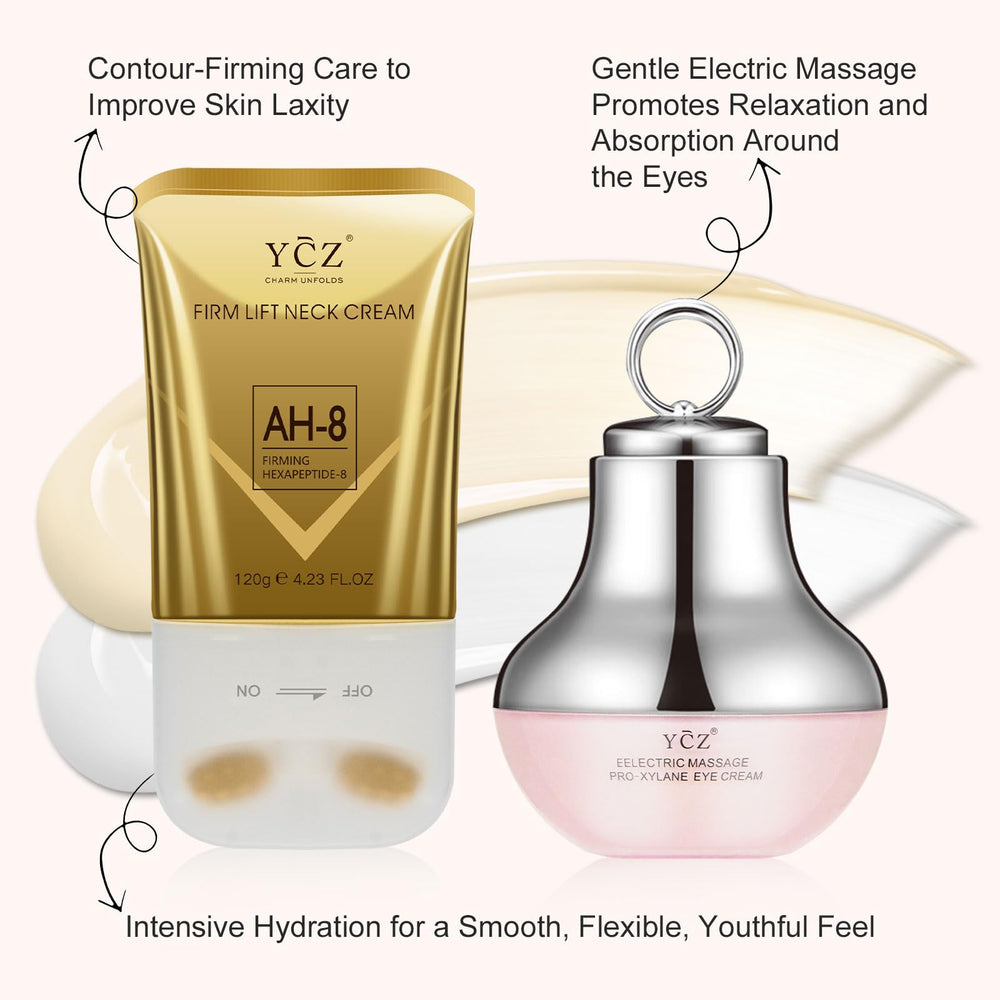 Ycz Neck-Eye Care Set bottle close-up highlights sleek design and quick absorption.