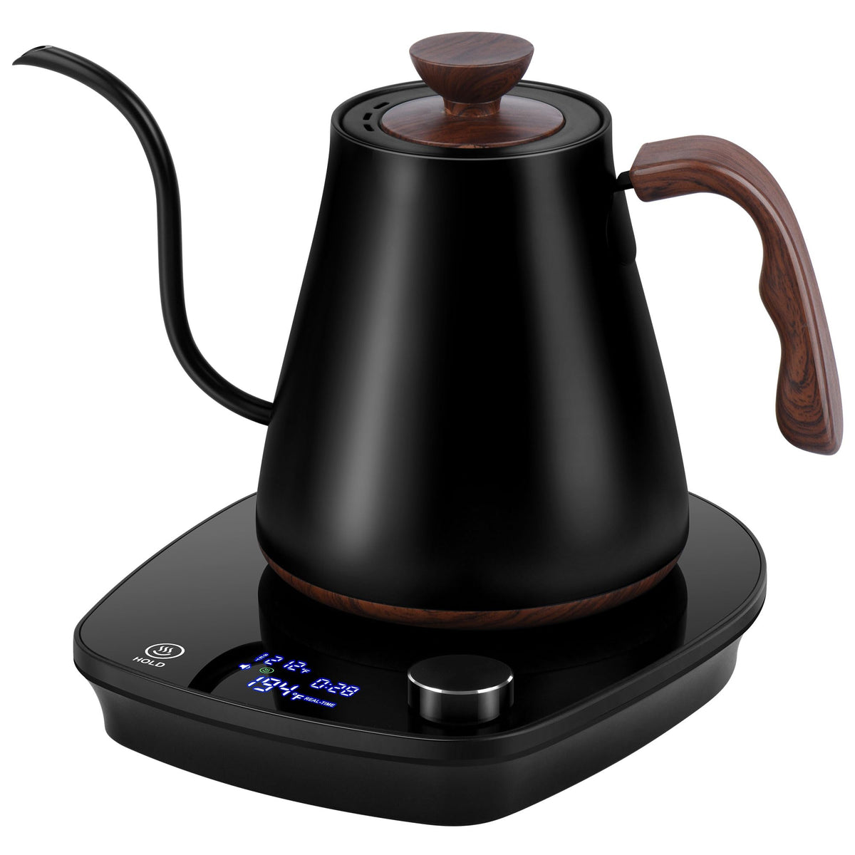 YDDZZM gooseneck kettle black angled view for precise pour-over.