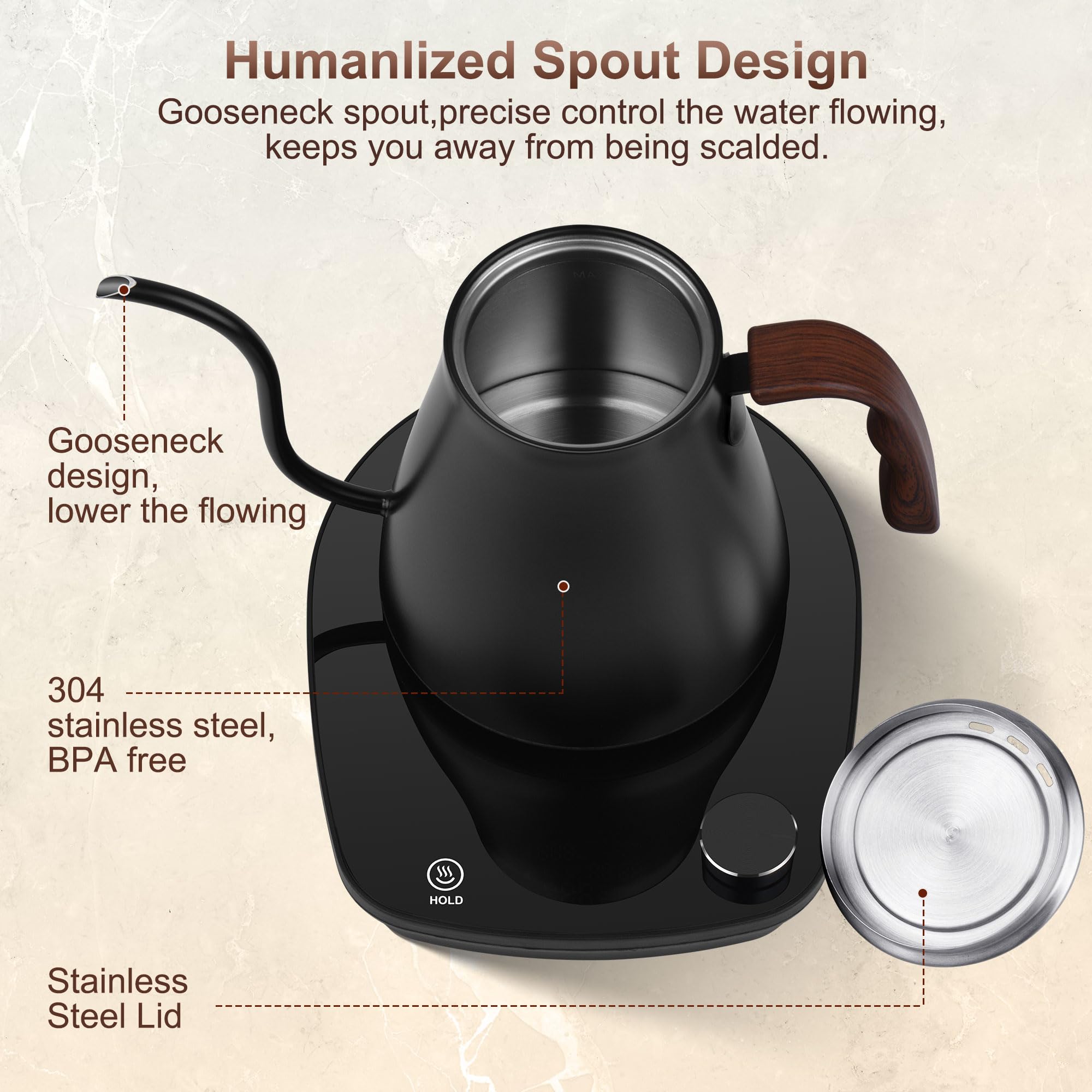 YDDZZM gooseneck kettle LCD display shows real-time temperature.