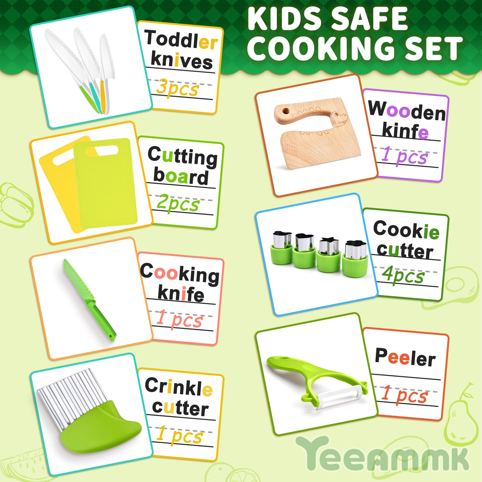 Yeeammk wooden kid knife with crocodile pattern, safe grip for pretend cooking