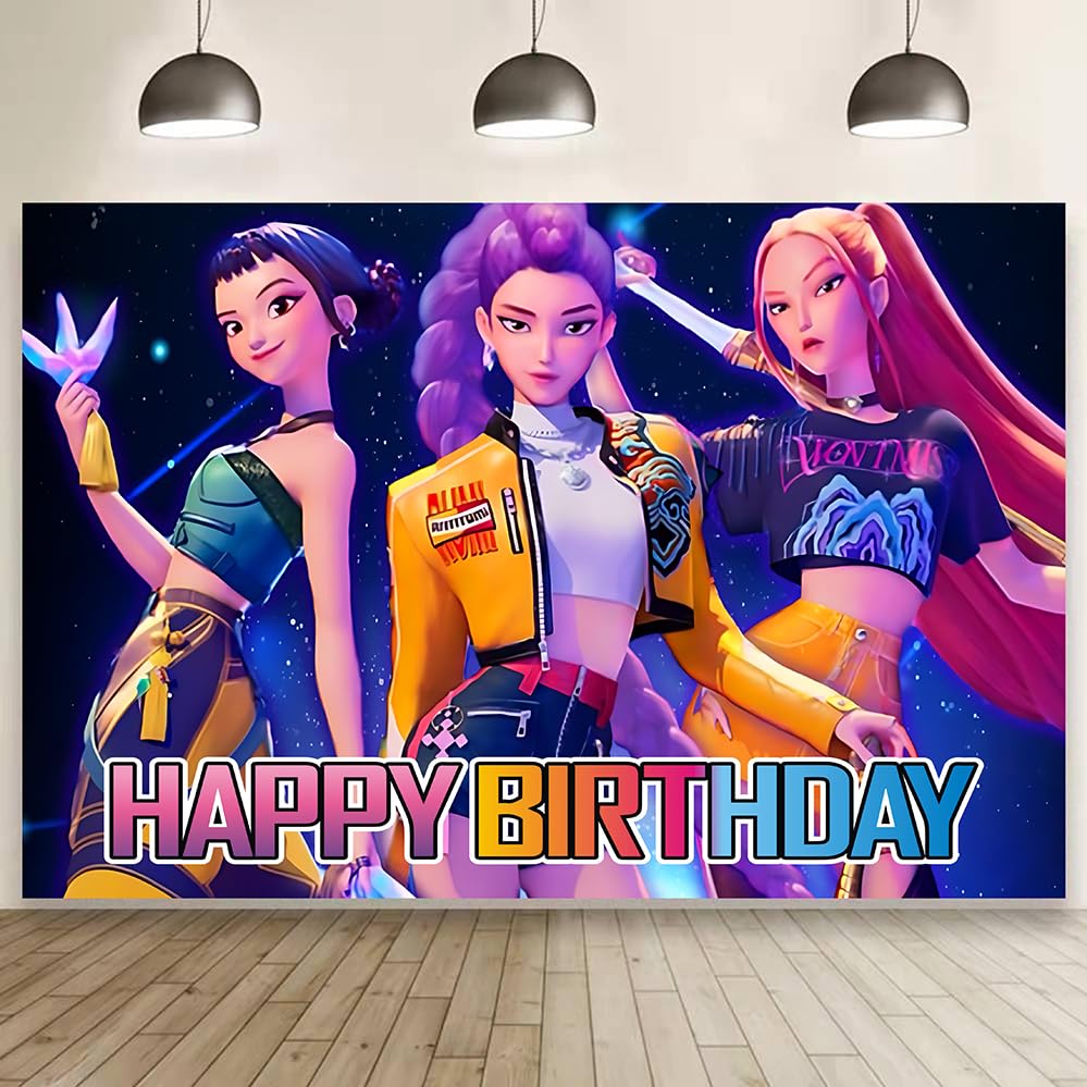 YEEFIGRO Demon Movie Hunters banner backdrop 60x40 inches for vibrant kids' birthday party decor.